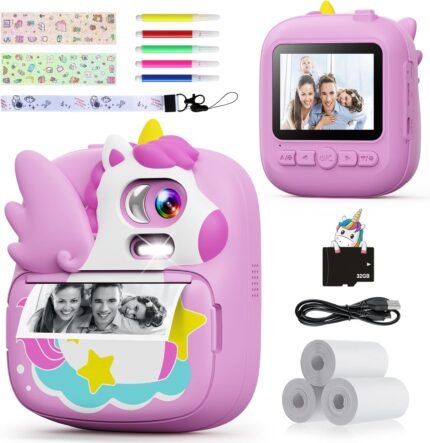 CAMCLID Kinderkamera Sofortbildkamera, 2,4 Zoll Sofortbildkamera Kinder mit 32G TF Karte und Fotopapier Drucken, 1080P HD Digitalkamera Kinder, Geschenke für Jungen und Mädchen...