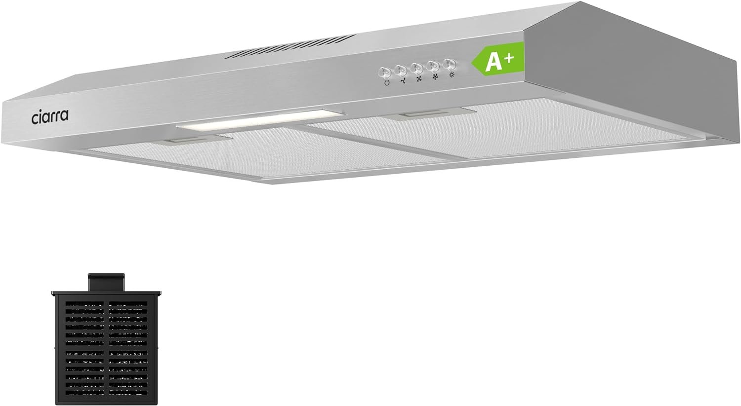 CIARRA CBCS6903D A+ Dunstabzugshaube Unterbau 60cm Umlufthaube Umluft Abluft 3 Leistungsstufen Integrierte Unterschrank Unterbauhaube mit CBCF009 Kohlefilter Edelstahl Silber