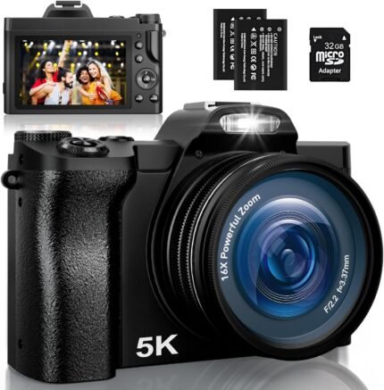 Digitalkamera 5K, 48MP 16X Digital Zoom Fotokamera mit 32G SD-Karte, Autofokus WiFi Kompaktkamera 6 Achsen Stabilisierung Reisekamera mit UV-Filter und 2 Akkus für Anfänger,...