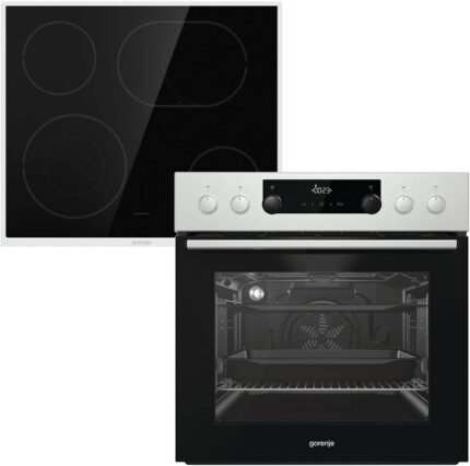 Gorenje Einbauherd-Set Heißluft Inox Set 4 mit Glaskeramik-Kochfeld / 77 Liter / ExtraSteam / GentleClose & Open / EcoClean / AirFry / PizzaMode / PerfectGrill / Teleskopauszüge...