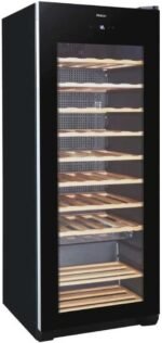 Haier Weinkühlschrank WS50GA / 50 Flaschen/Höhe 127 cm/UV-Schutz/LED-Display zur Temperaturregulierung/Innenbeleuchtung/Energieeffizienzklasse G, Schwarz