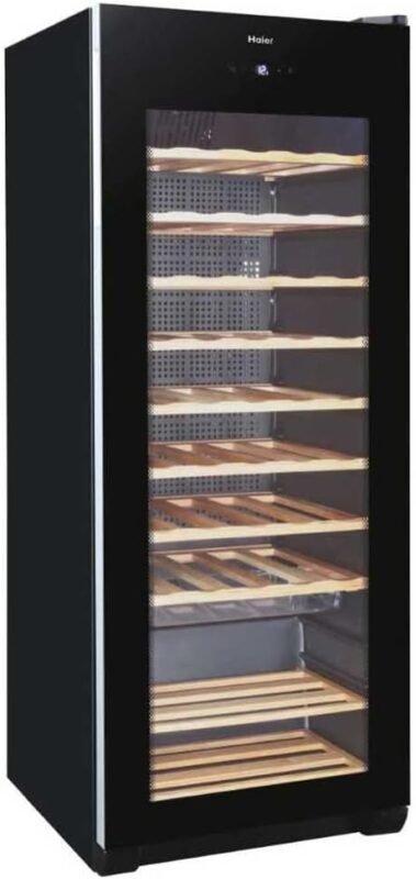 Haier Weinkühlschrank WS50GA / 50 Flaschen/Höhe 127 cm/UV-Schutz/LED-Display zur Temperaturregulierung/Innenbeleuchtung/Energieeffizienzklasse G, Schwarz