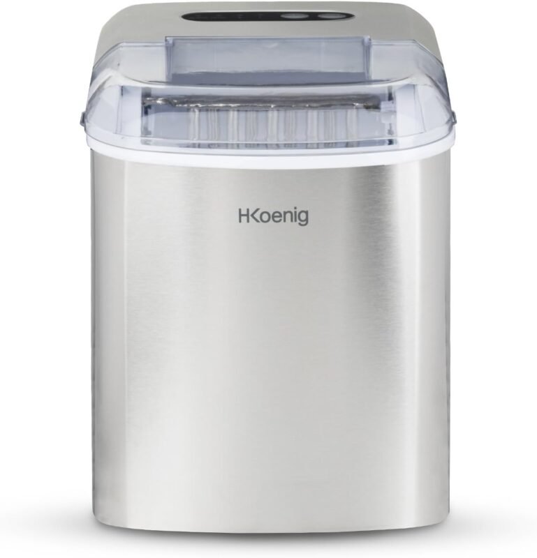 H.Koenig KB14 Eiswürfelmaschine. 12 kg Eiswürfel pro Tag, Produktionszeit 6-8 min. -2 Eiswürfelgrößen-Wasserstandsanzeige, 120 W Silber, Edelstahl, 2.1 liters