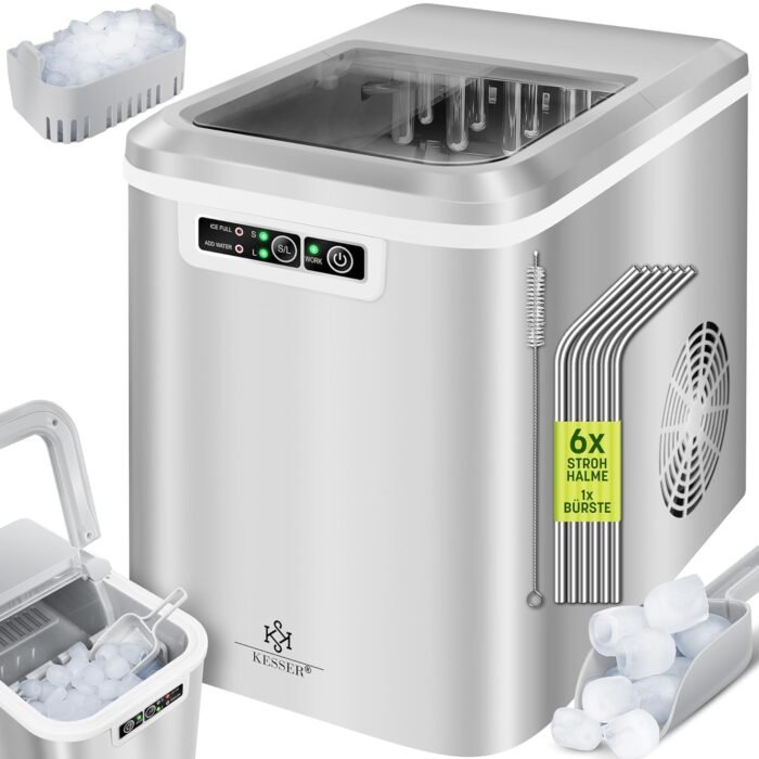 KESSER® Eiswürfelbereiter | Eiswürfelmaschine Edelstahl | Ice Maker | 12 kg 24 h | Zubereitung in 7 min | 2,2 Liter Wassertank | 2 Eiswürfel-Größen | LED-Display |...