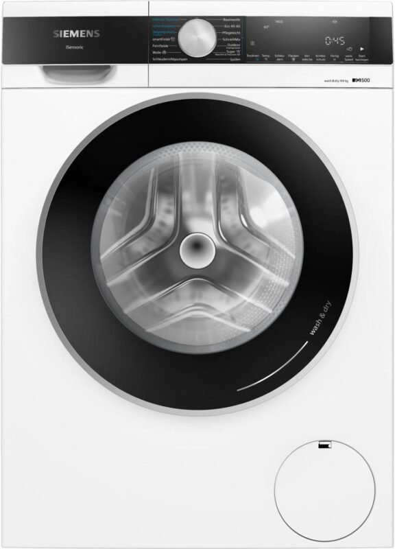 Siemens WN54C2070 iQ700 Smarter Waschtrockner 9 kg Waschen und 6 kg. Trocknen, 1400 UpM, Antiflecken-System, smartFinish – Glättet sämtliche Knitterfalten, aquaStop Weiß