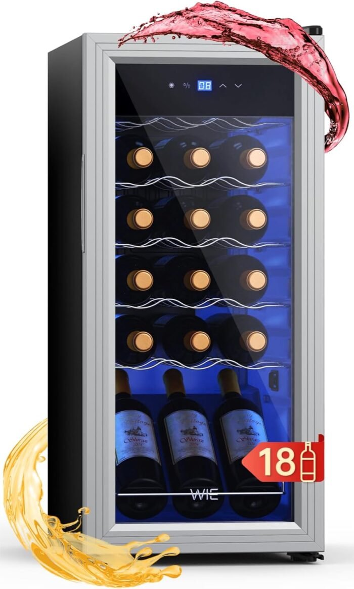 WIE Weinkühlschrank Compressor 53 Liter 18 Flaschen Getränkekühlschrank Kleiner Weinschrank Klein Wein-Kühlschrank mit Glastür,Vollglas-Designtür mit LED Touchpanel,Anti-UV,...